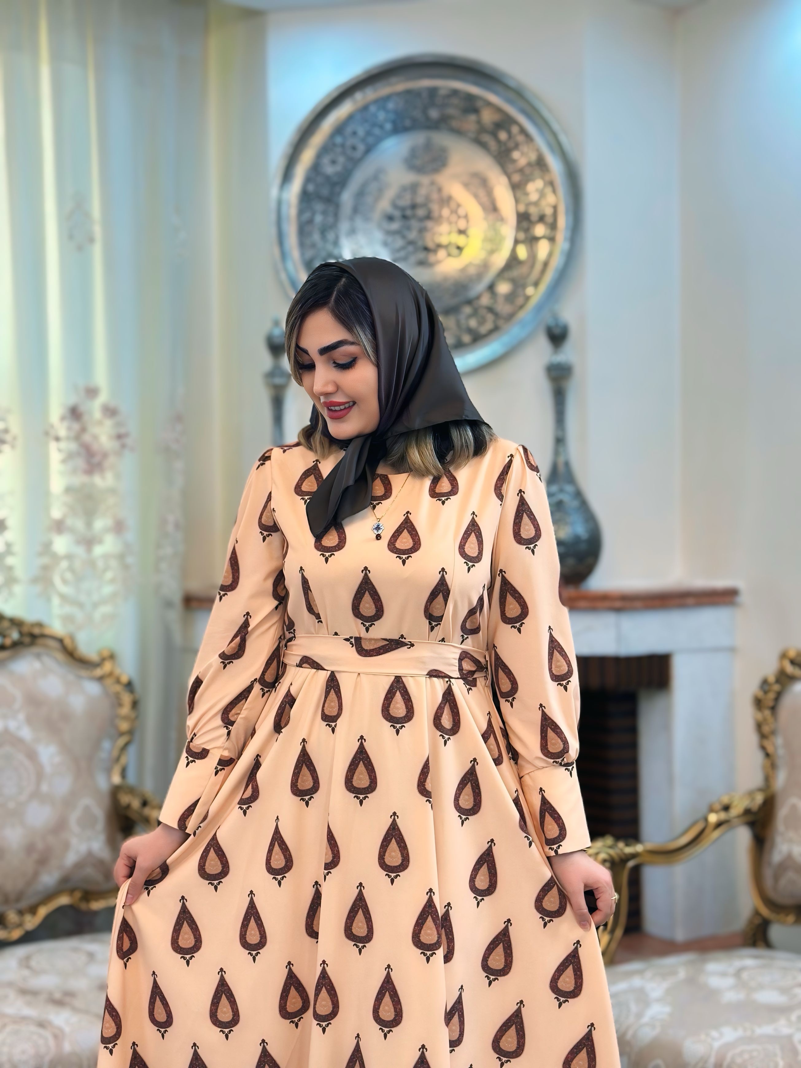 پیراهن زنانه تابستانه طرح ترنج کرپ نخ (آستر دار)